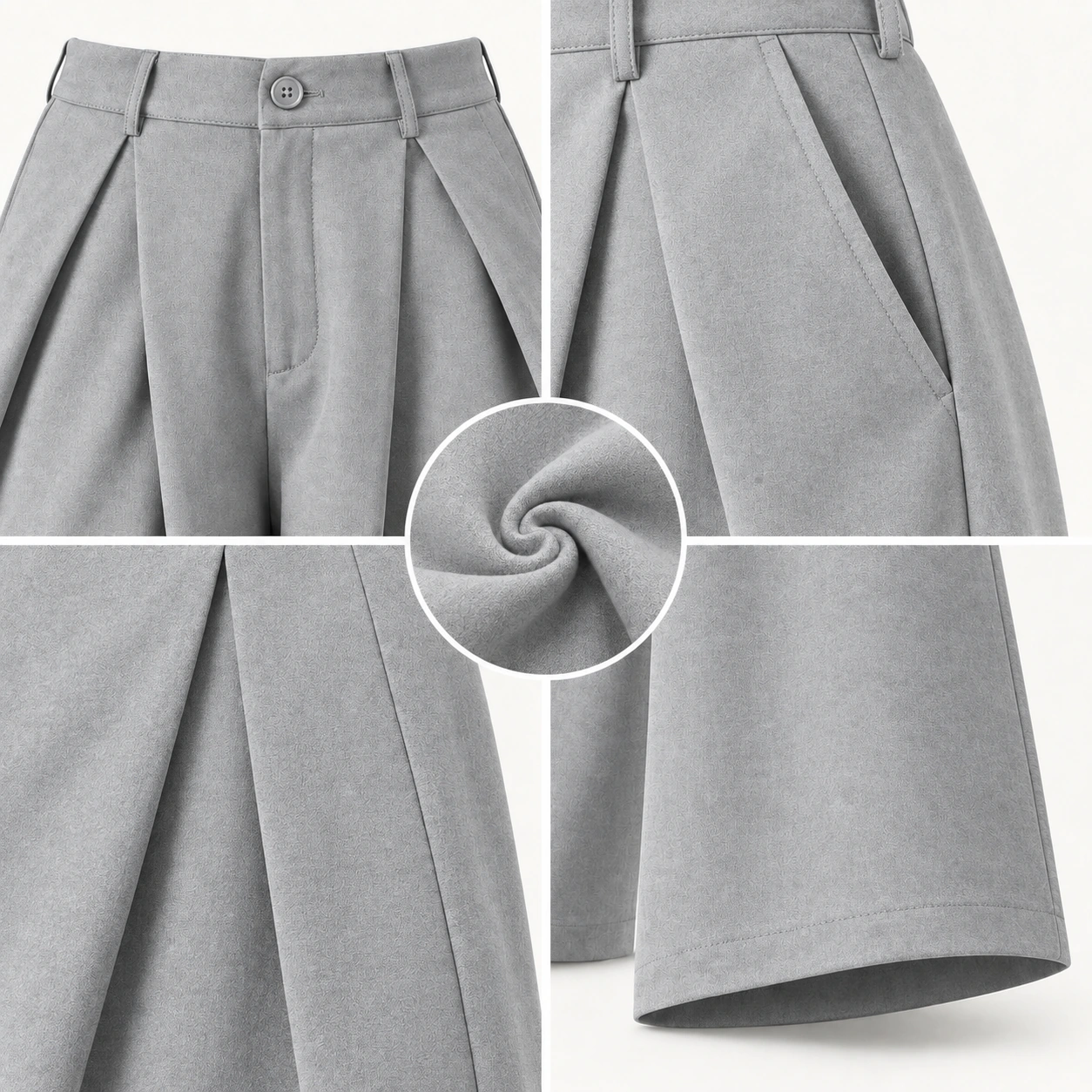 Wide-leg pants waistband, pocket, fabric and hem details