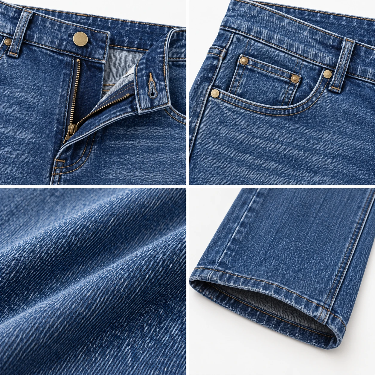 Jeans button, zipper, pocket, stretch fabric and hem details