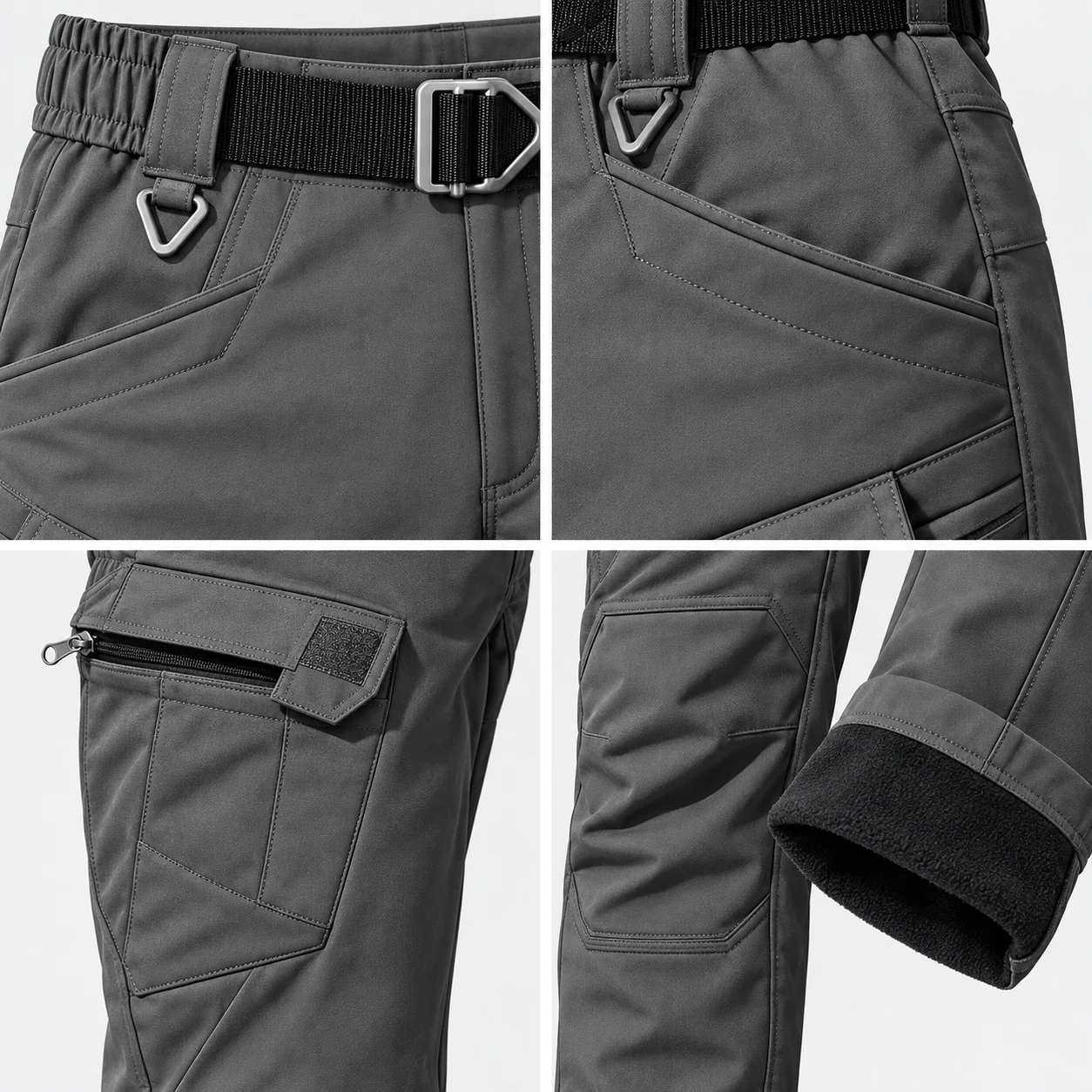 Elastic waist, zip pockets, cargo storage, articulated knees and fleece lining