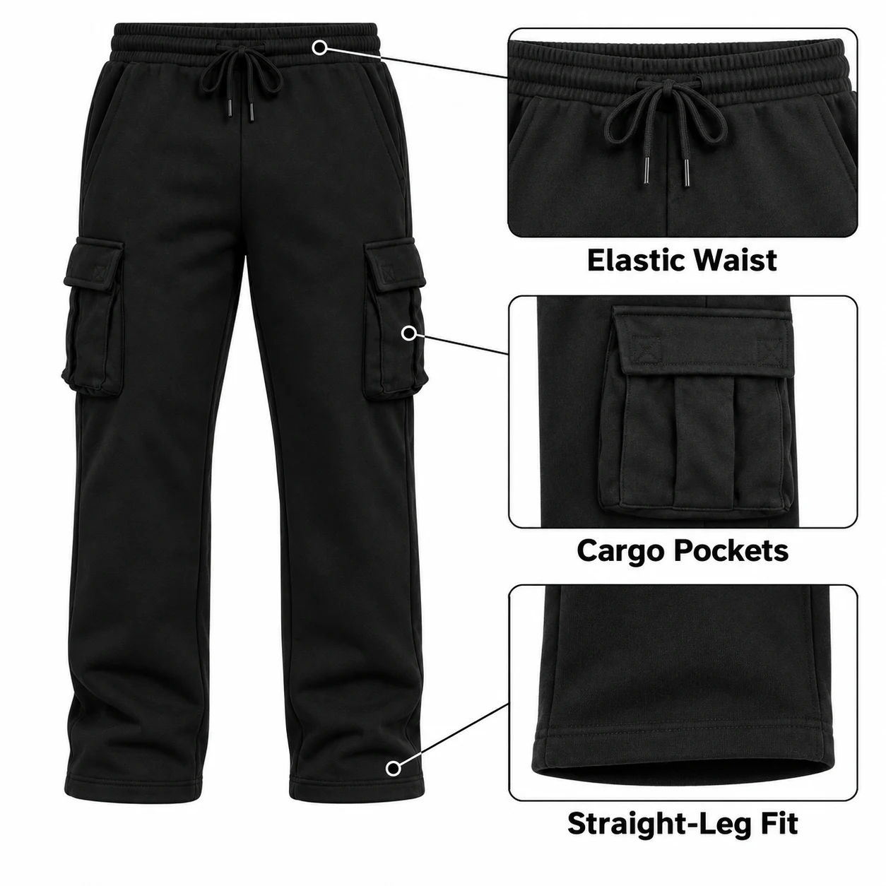 Elastic drawstring waist, side-entry pockets and dual flap cargo pockets