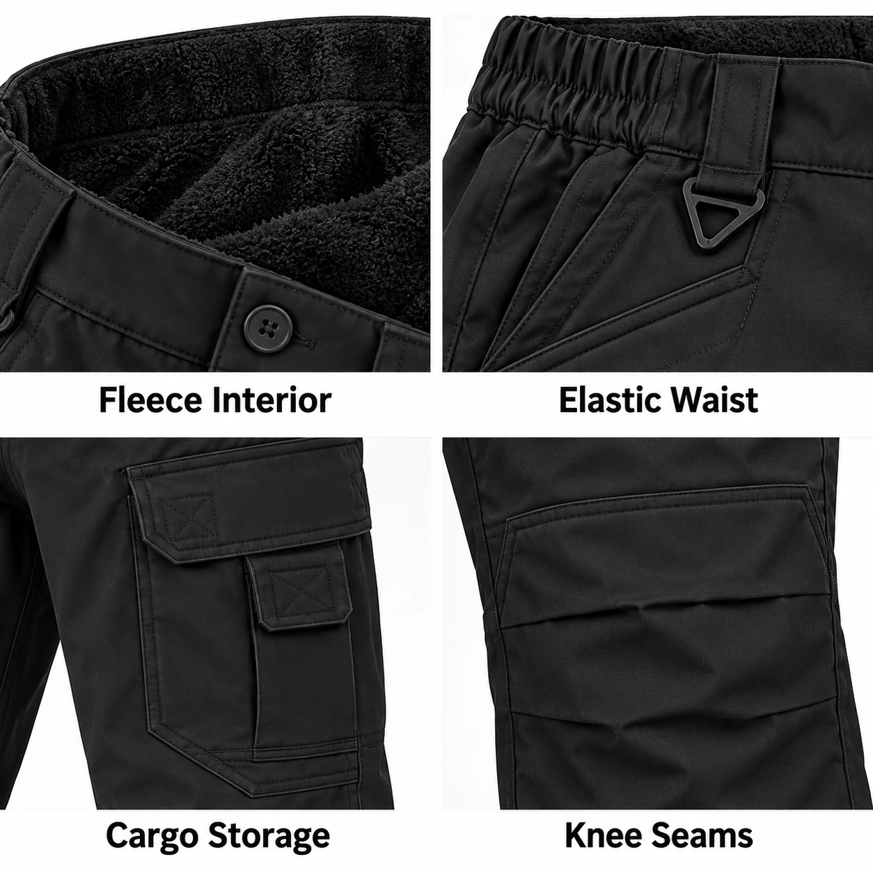 Cargo pants construction and fleece lining details