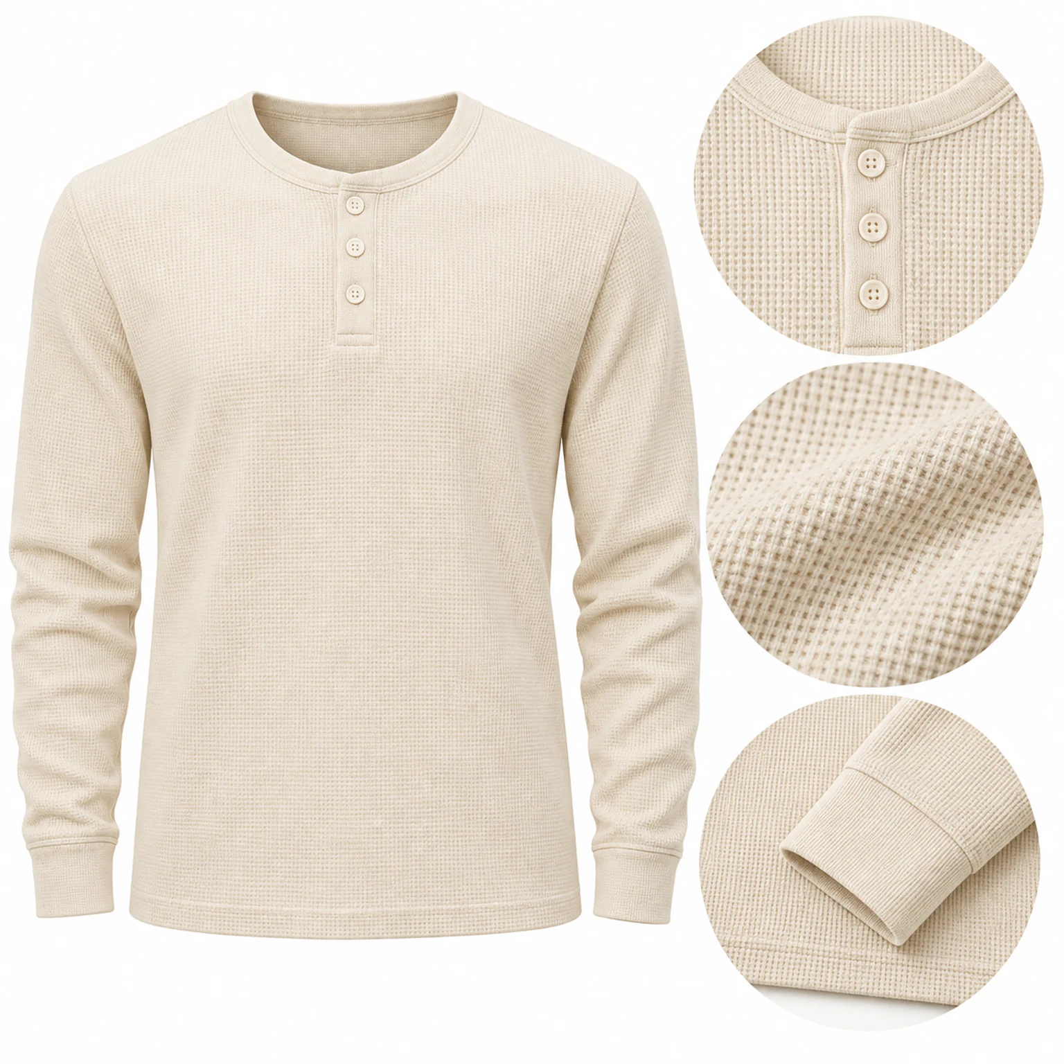 Waffle Henley neckline, texture, cuff and hem details