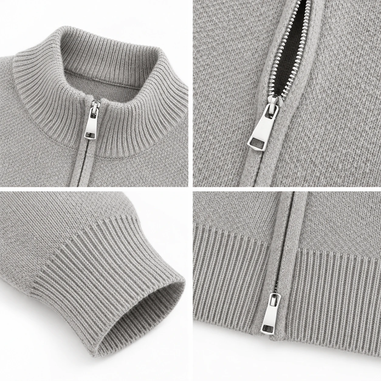 Stand collar, zipper, knit texture, cuff and hem details