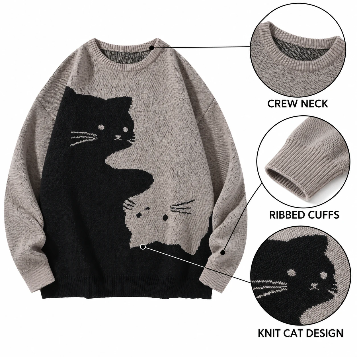 Crew neck, ribbed cuffs and knit cat design details