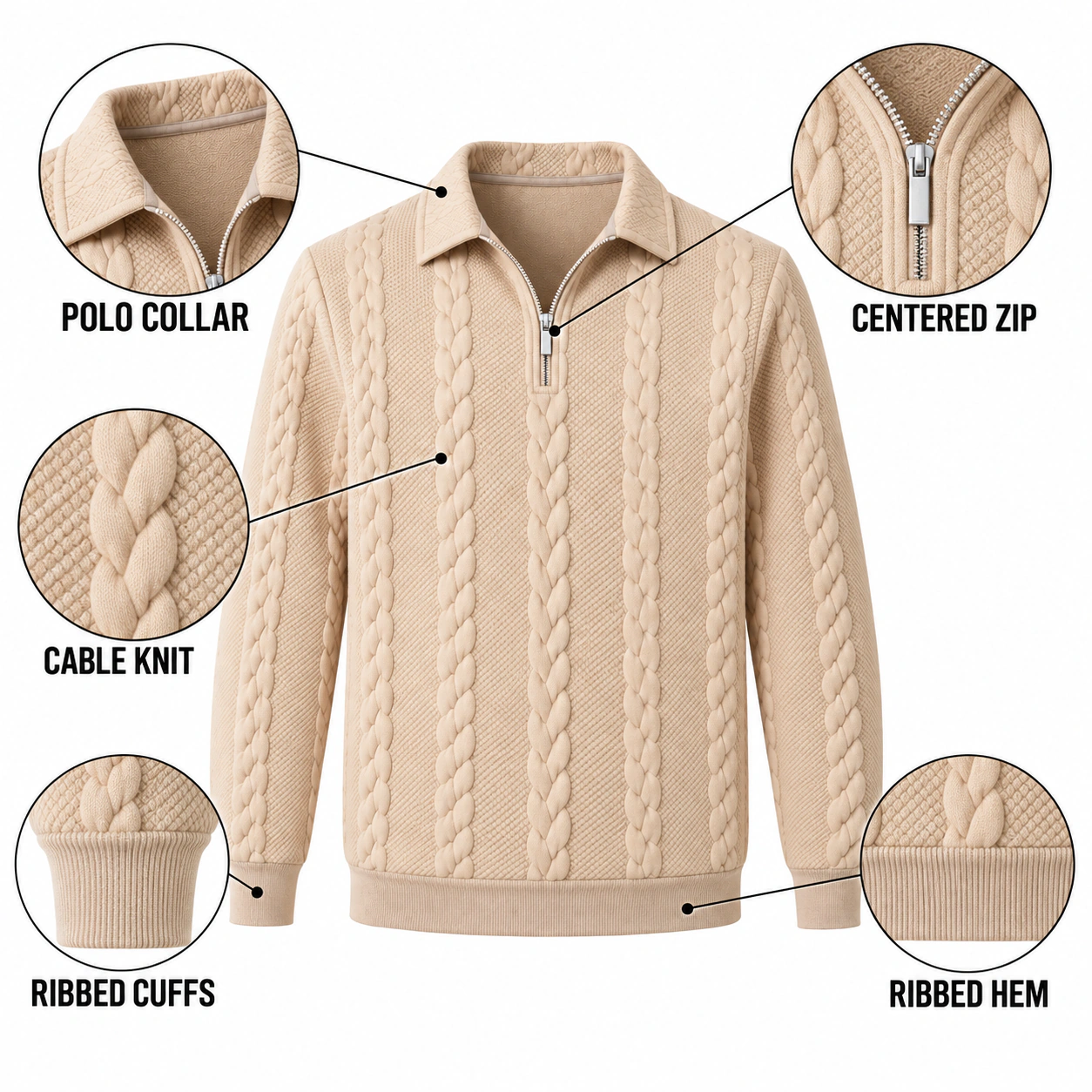 Khaki cable-knit half-zip polo sweater details labeled Polo Collar, Centered Zip, Cable Knit, Ribbed Cuffs, and Ribbed Hem.