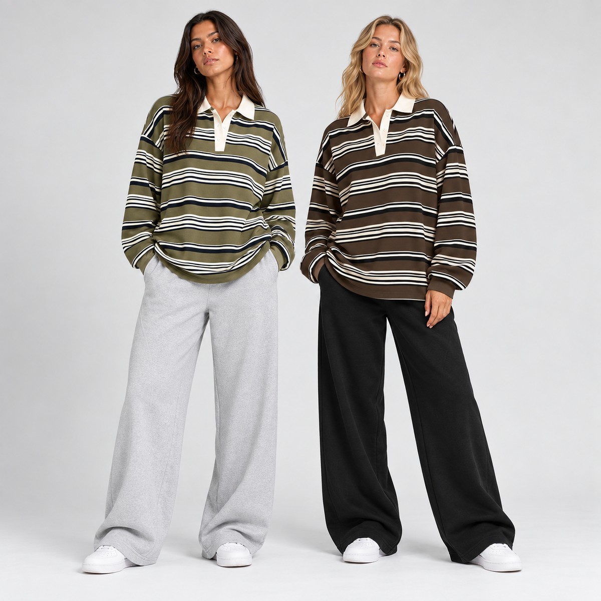 Women's green striped collared loose-fit top front view