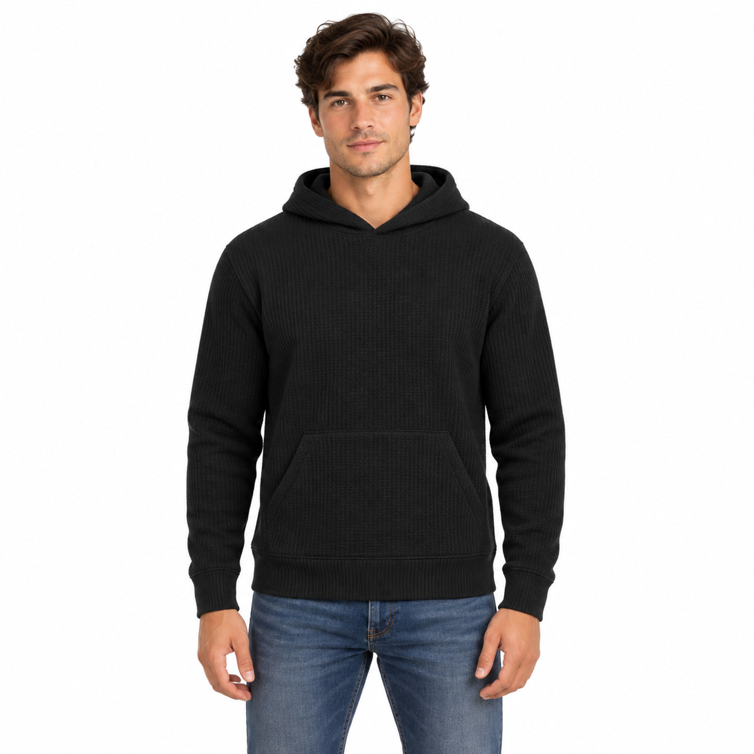 Black waffle-knit pullover hoodie front view on model