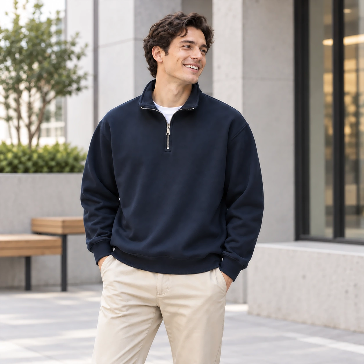 Men's black half-zip stand-collar sweatshirt front fit view