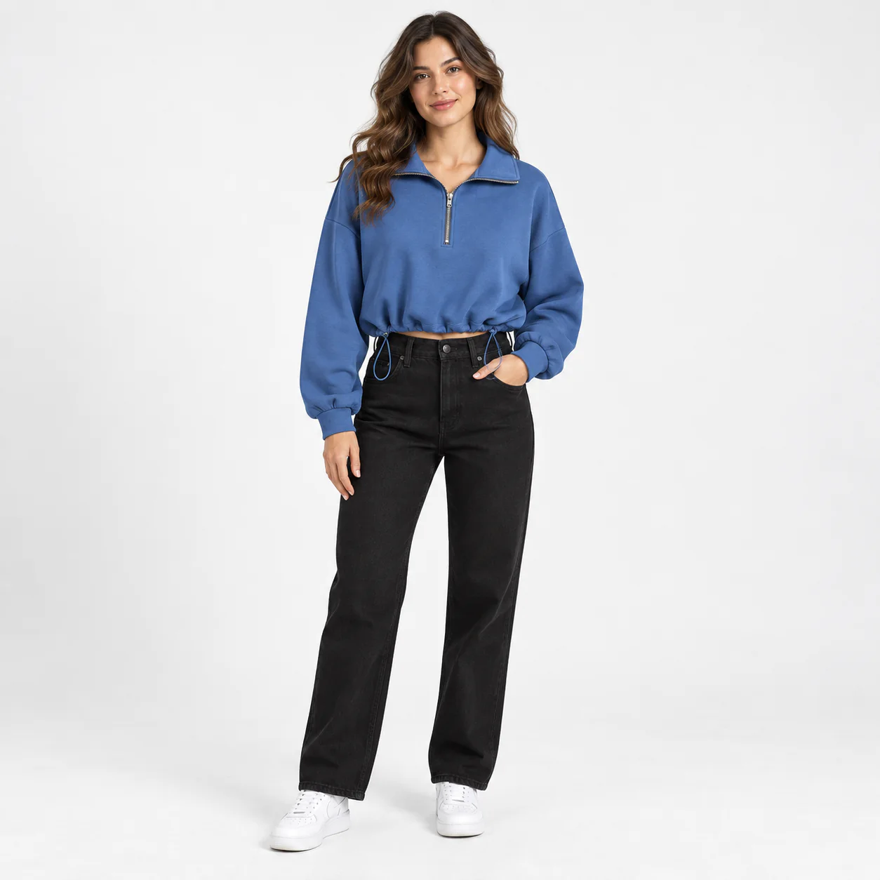 Women's blue half-zip cropped sweatshirt front view