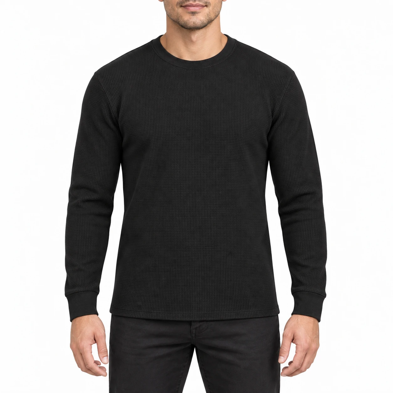 Men's black waffle-knit crew-neck thermal front view