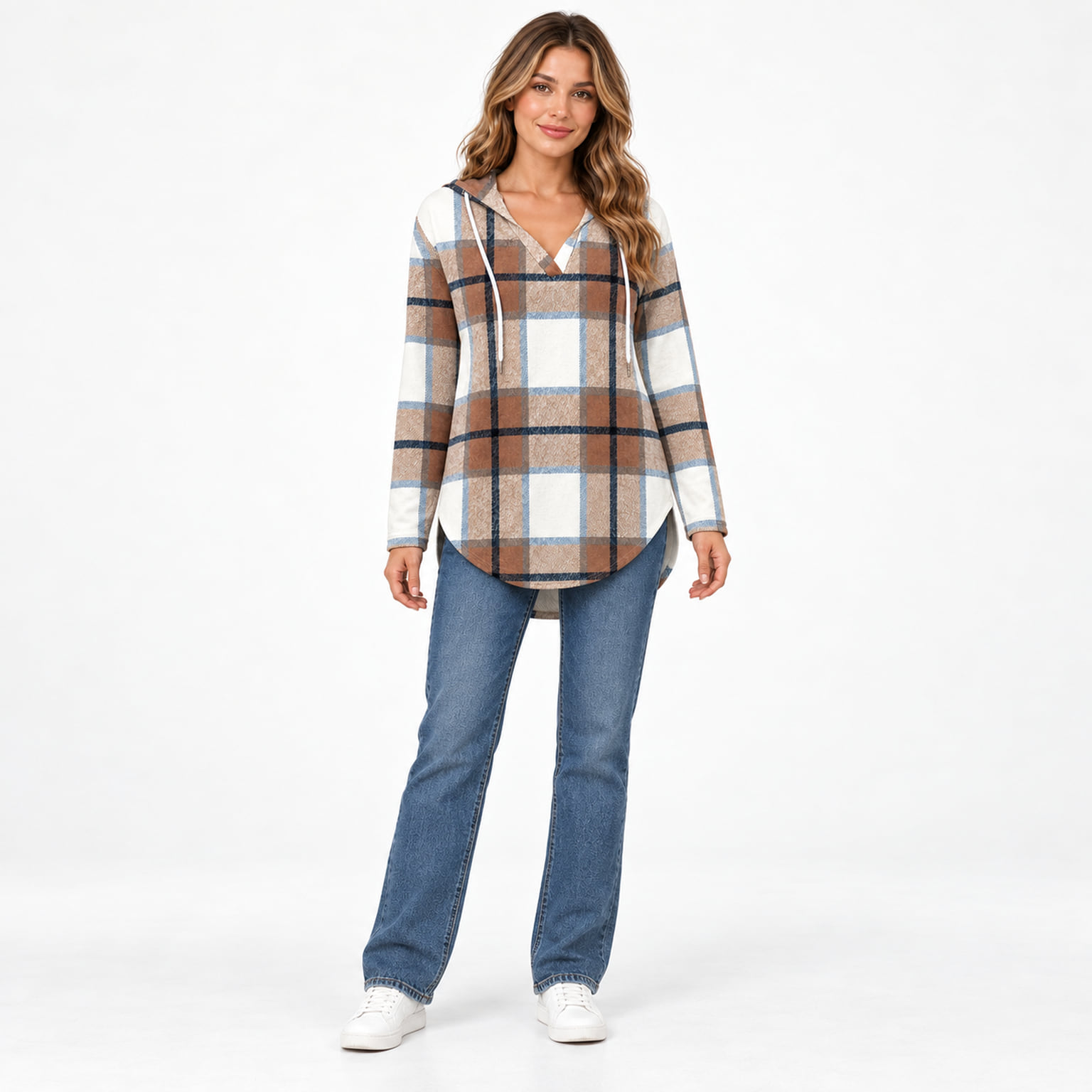 Front view of a woman wearing the Brown Plaid V-neck hooded tunic top