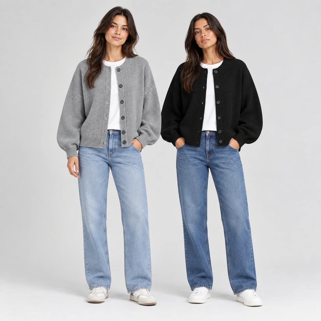 Women wearing the grey and black button-front knit cardigans, front view