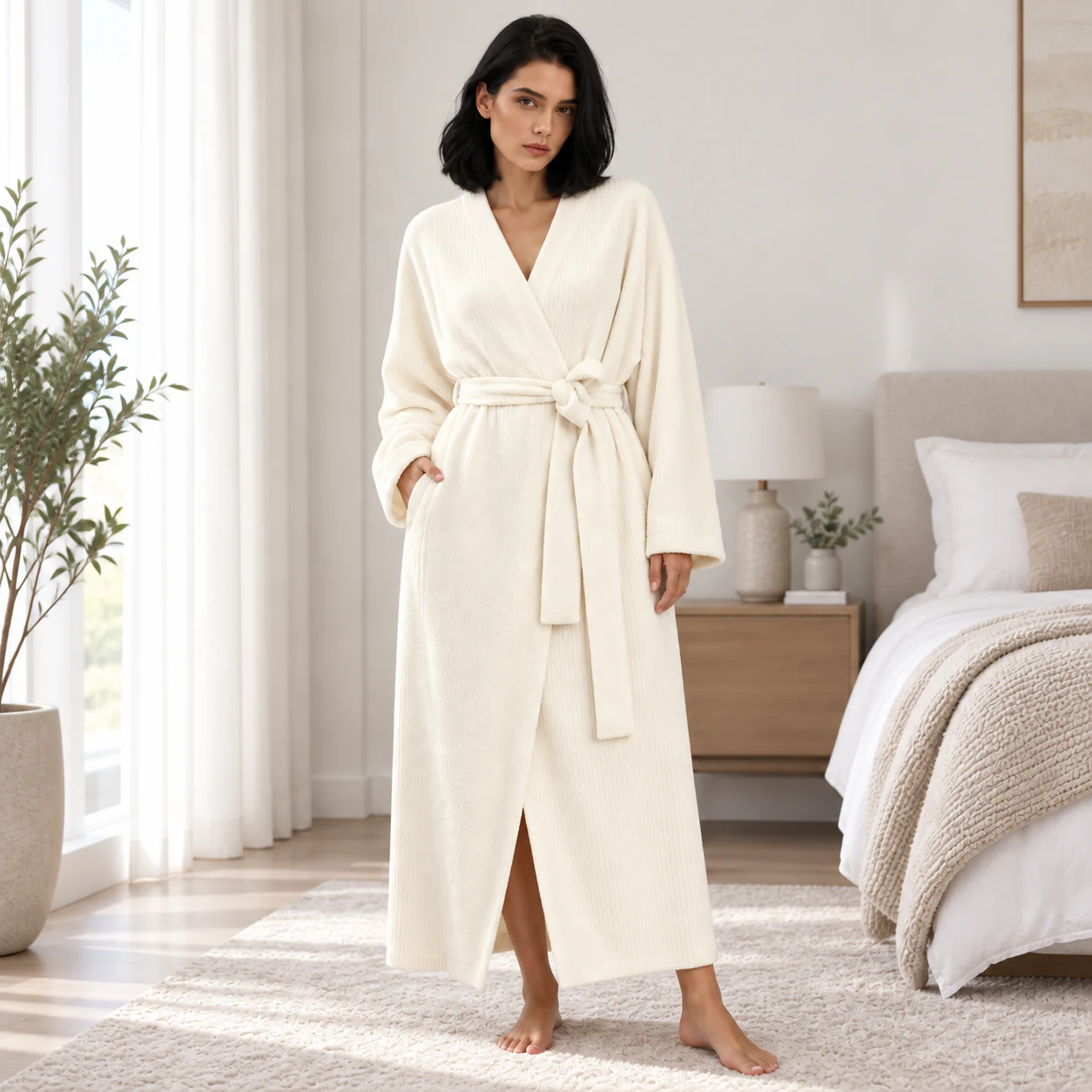 Women's cream long plush fleece robe front view