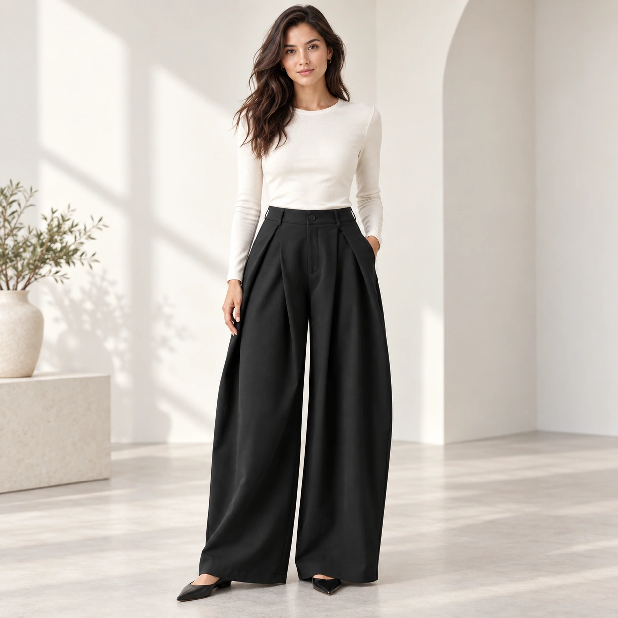 Women's black high-waist pleated wide-leg pants front view