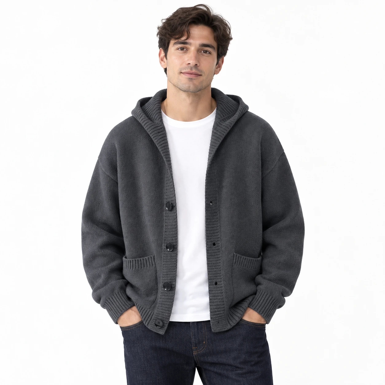 Men's button-front hooded knit cardigan front view