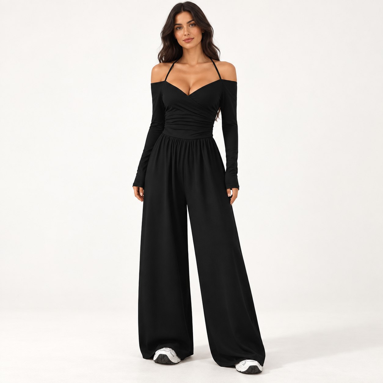 Black off-shoulder halter-neck wide-leg jumpsuit front view