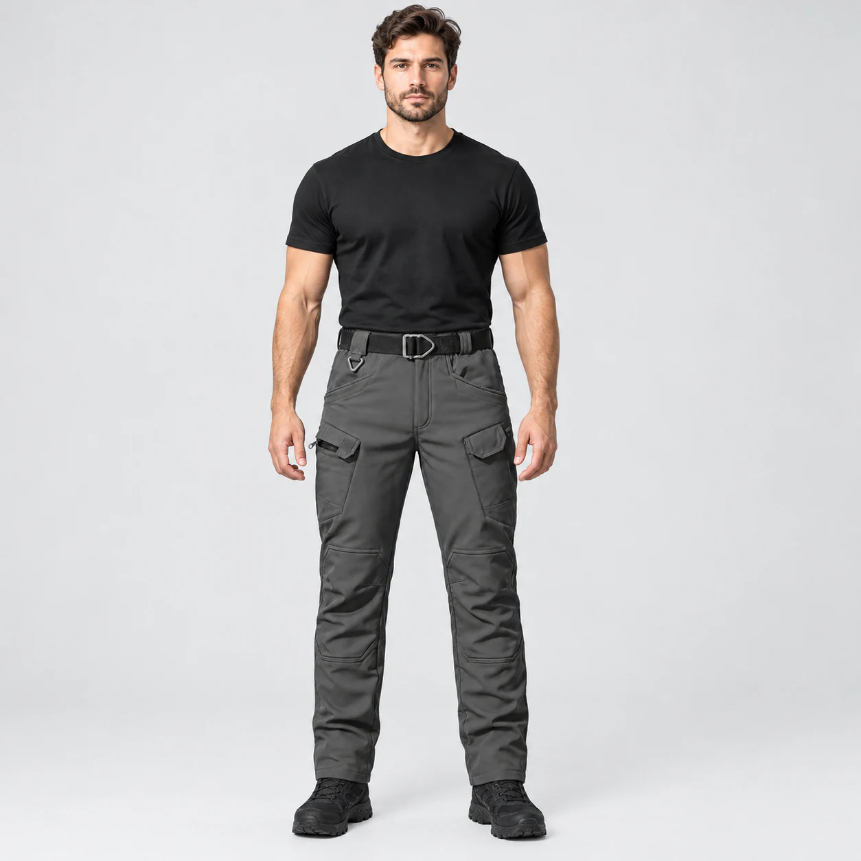 Men's fleece-lined tactical cargo pants front fit