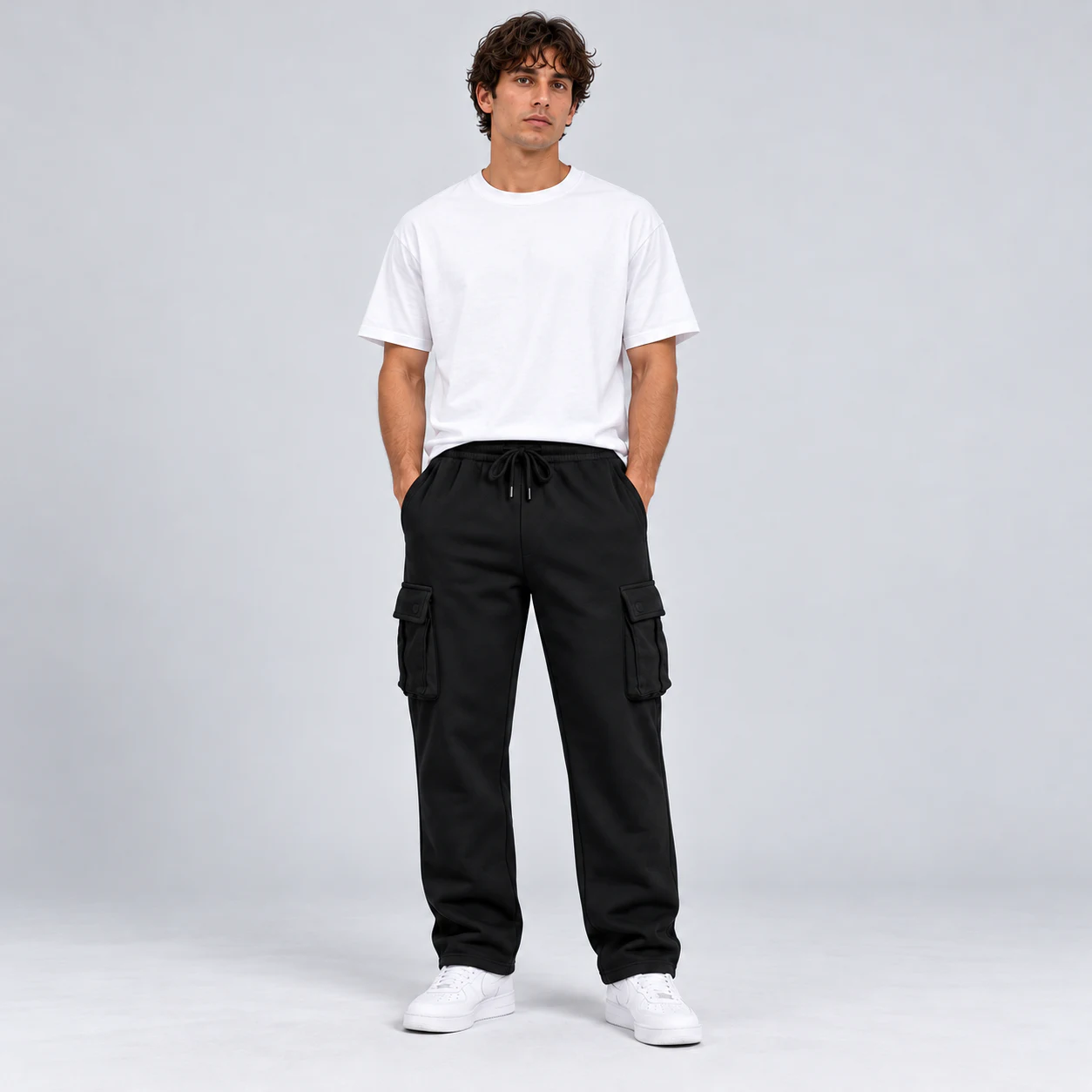 Men's straight-leg cargo sweatpants front fit