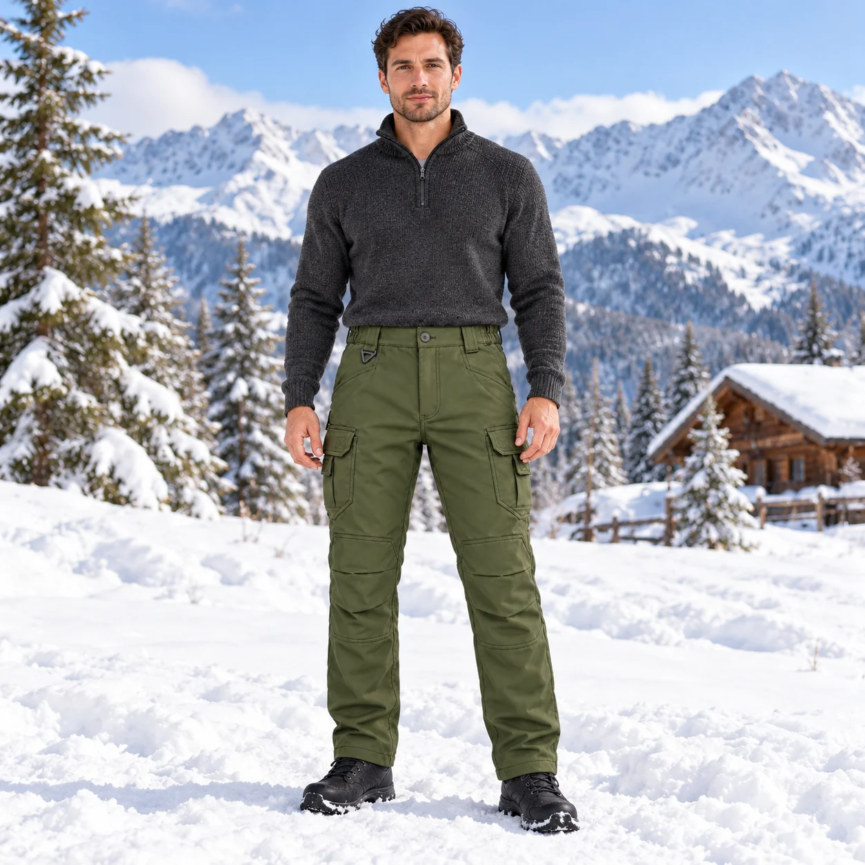 Front view of fleece-lined cargo pants