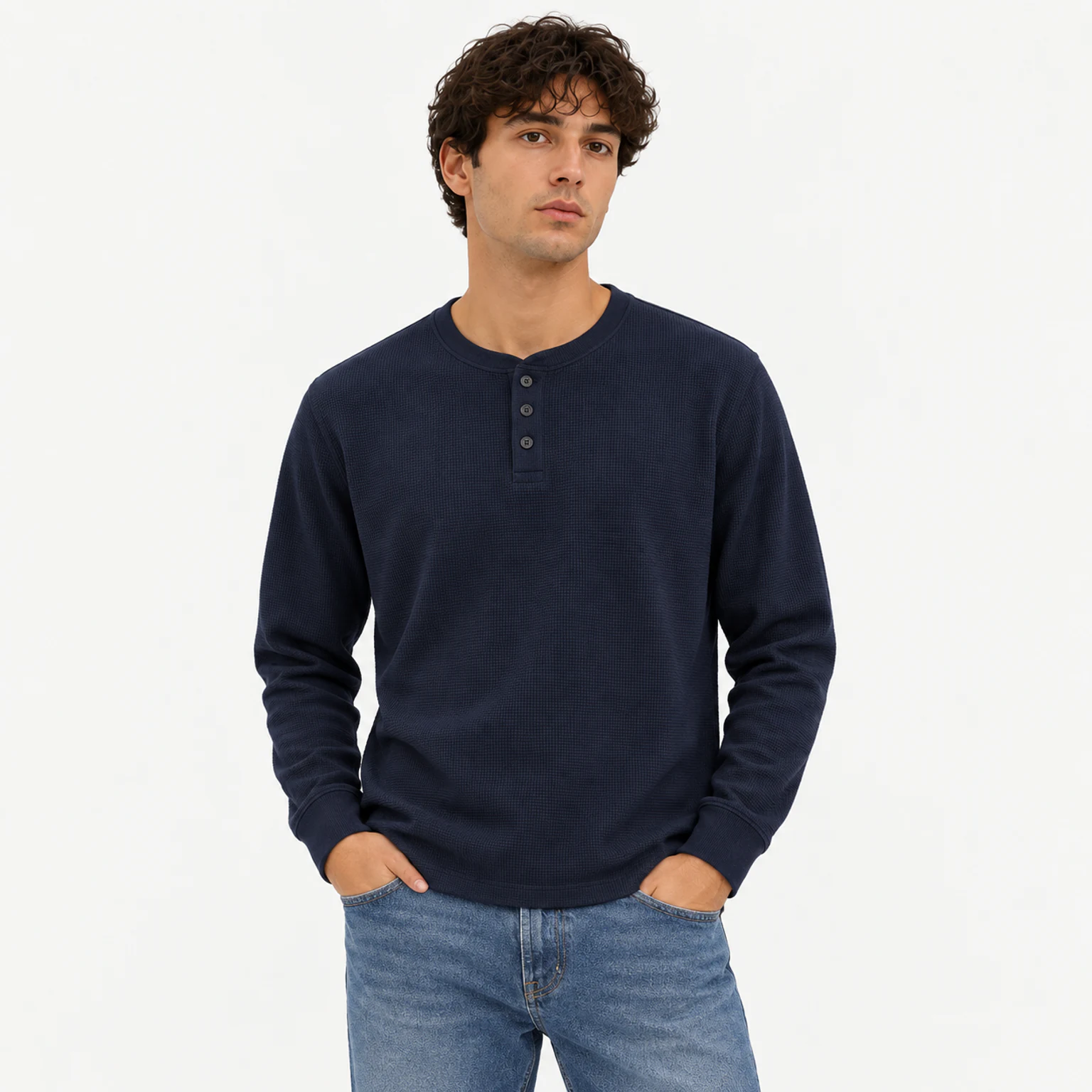 Men's navy waffle Henley front fit