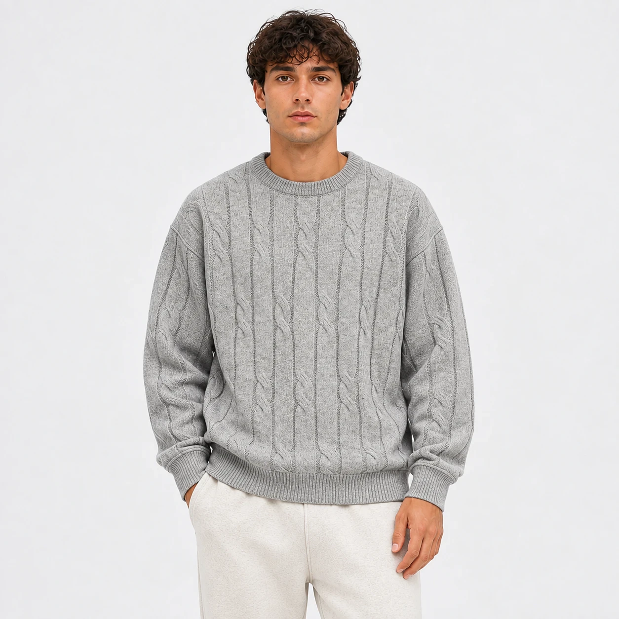 Men's floral gray cable-knit crewneck sweater front fit