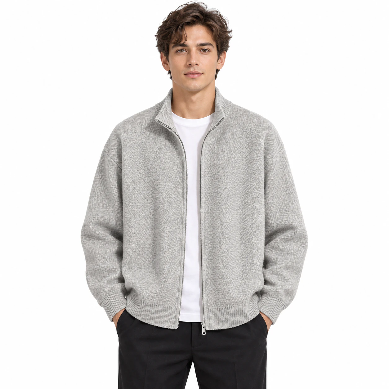 Men's light gray full-zip knit top front fit