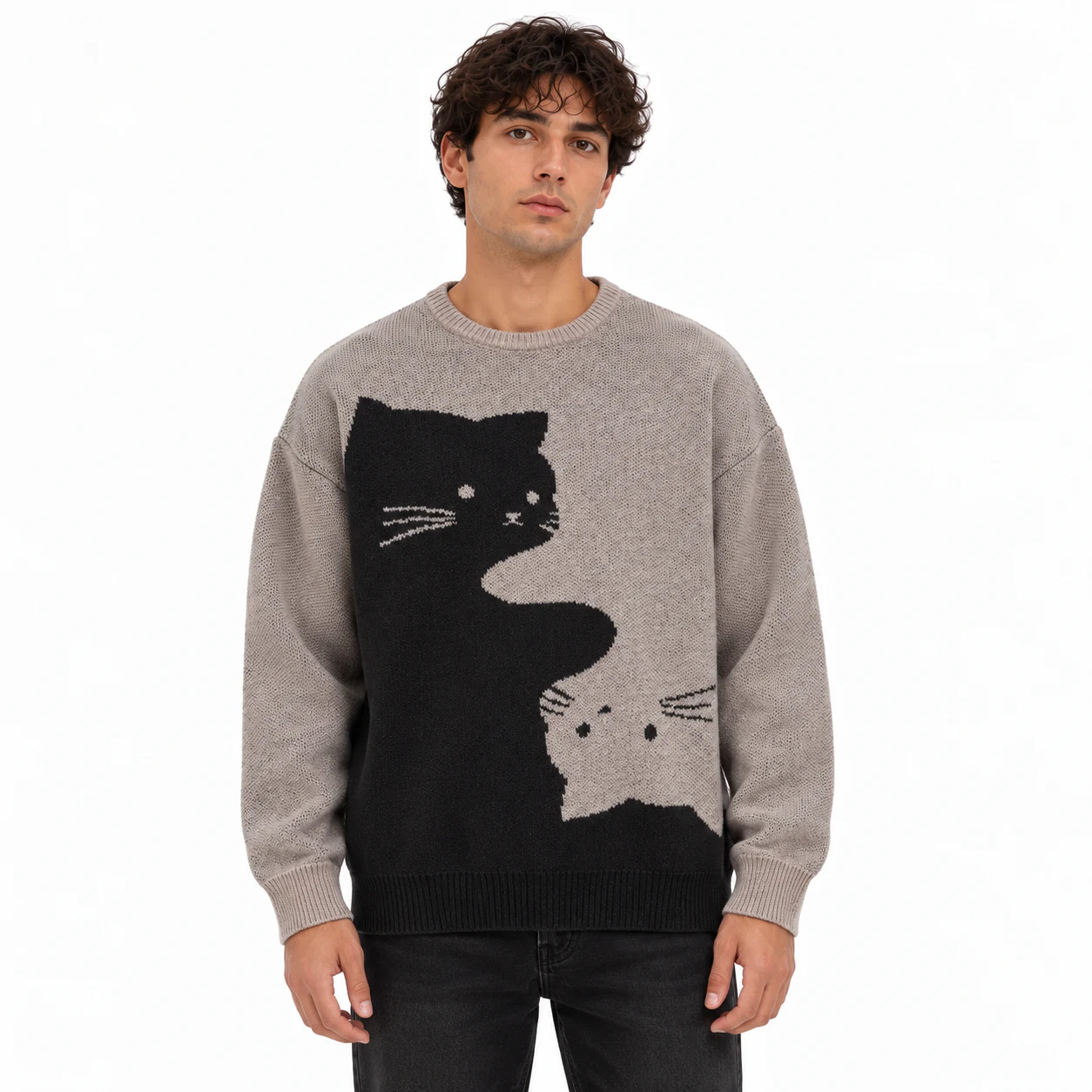 Unisex cartoon cat knit sweater front fit