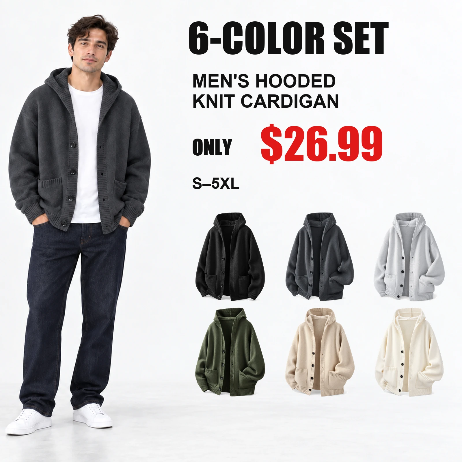 Men's hooded knit cardigan six-color set with price and sizes