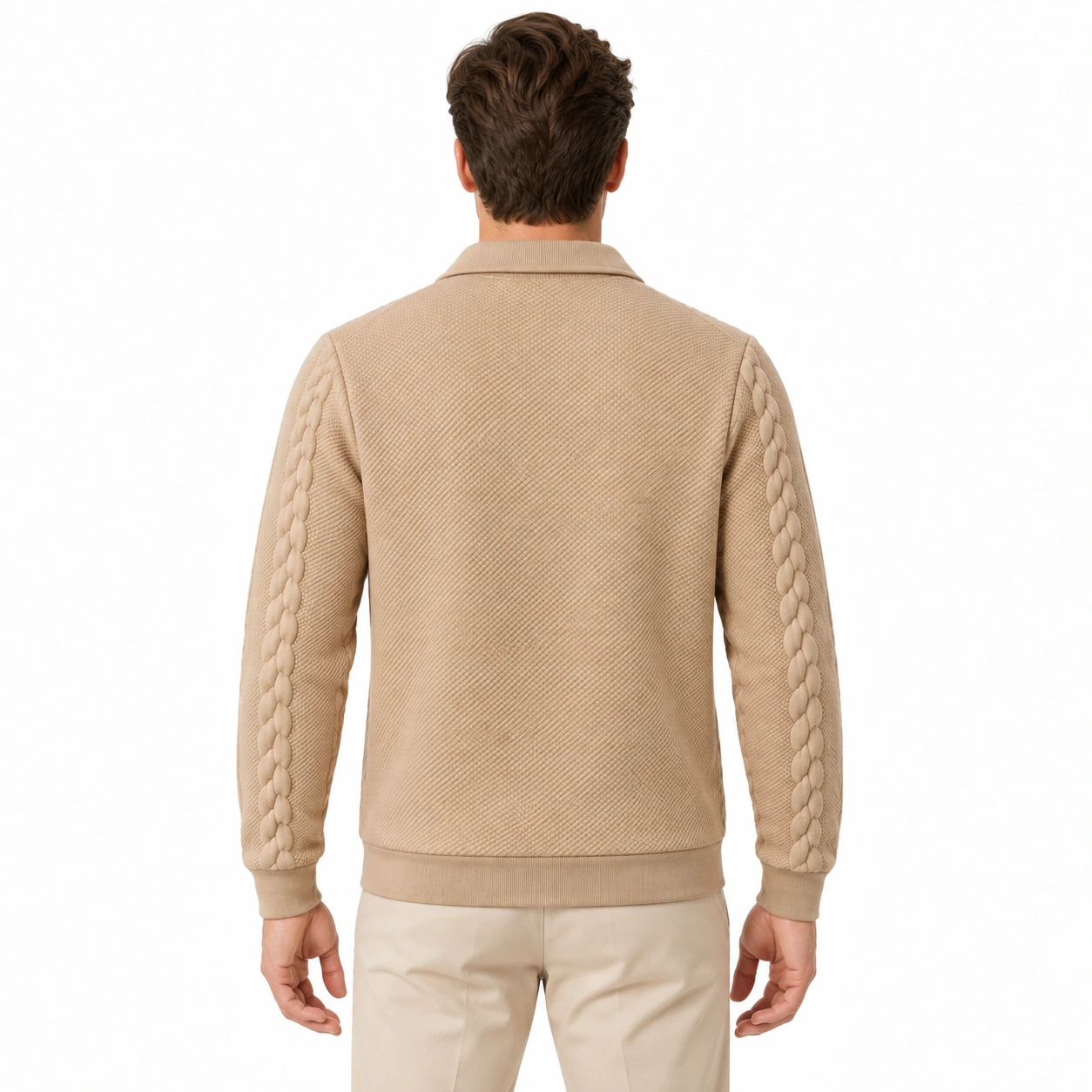 Rear view of the same male model wearing the Khaki cable-knit half-zip polo sweater, showing the plain knit back and sleeve cable details.