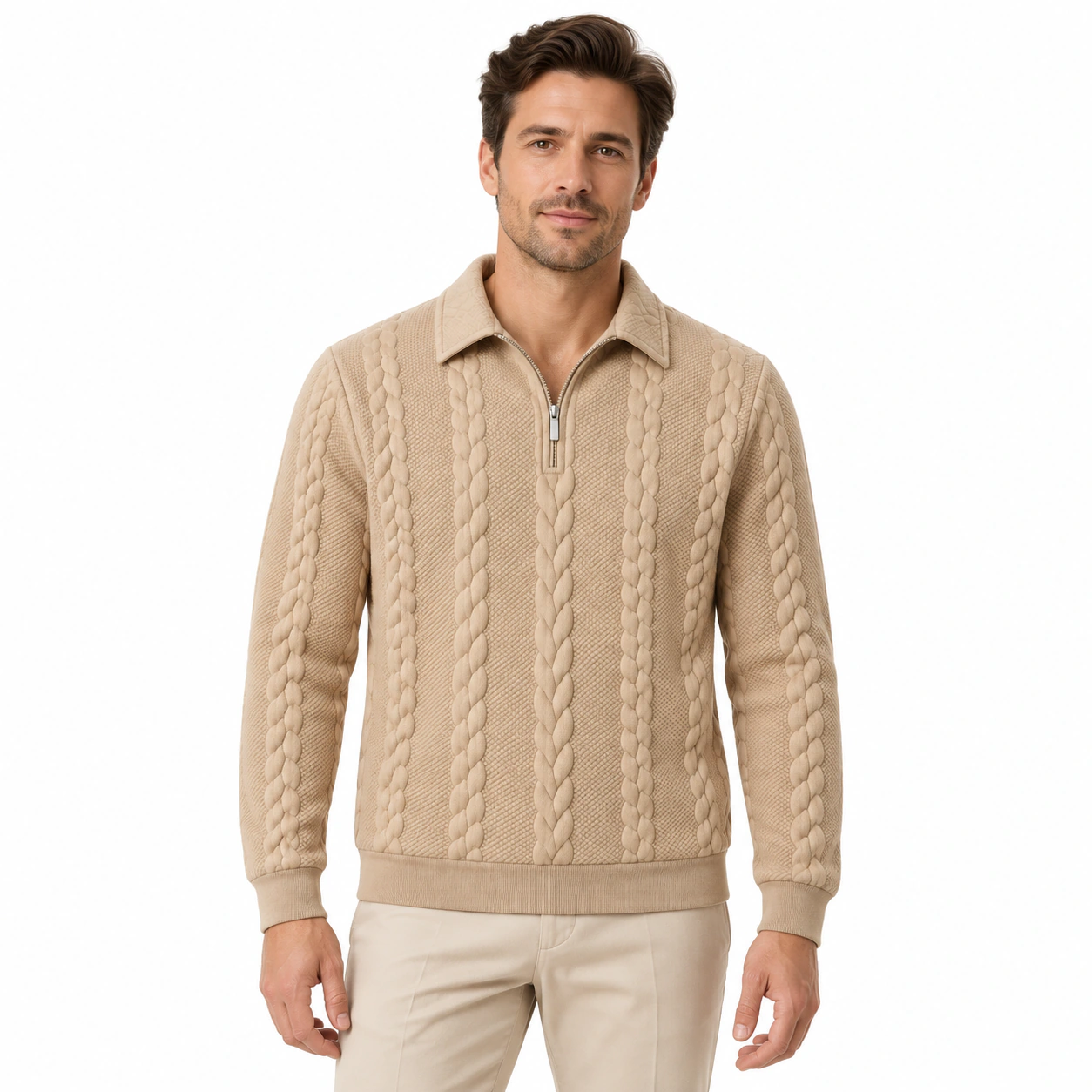 Front view of a male model wearing the Khaki cable-knit half-zip polo sweater.