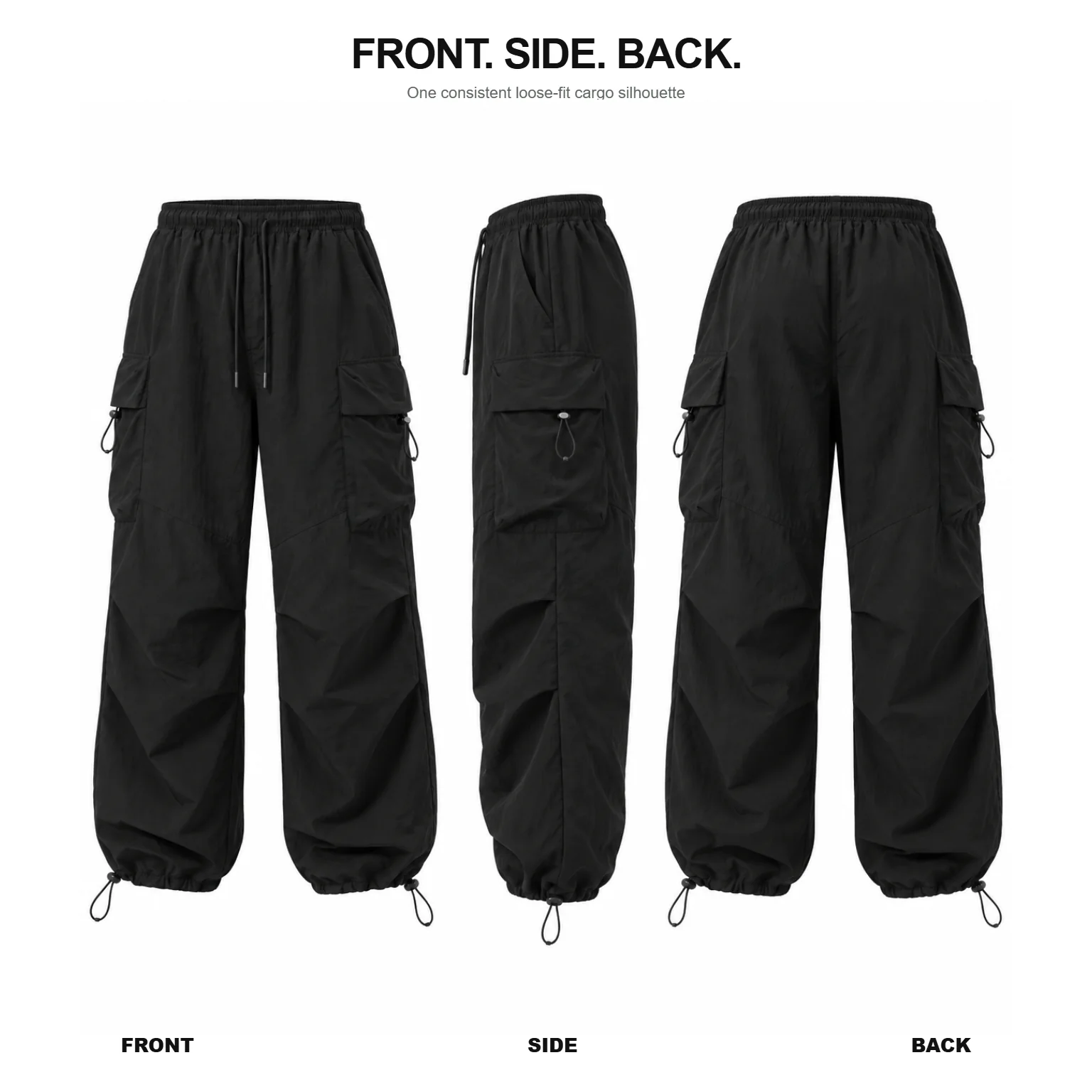 Black lightweight cargo pants front, side, and back views