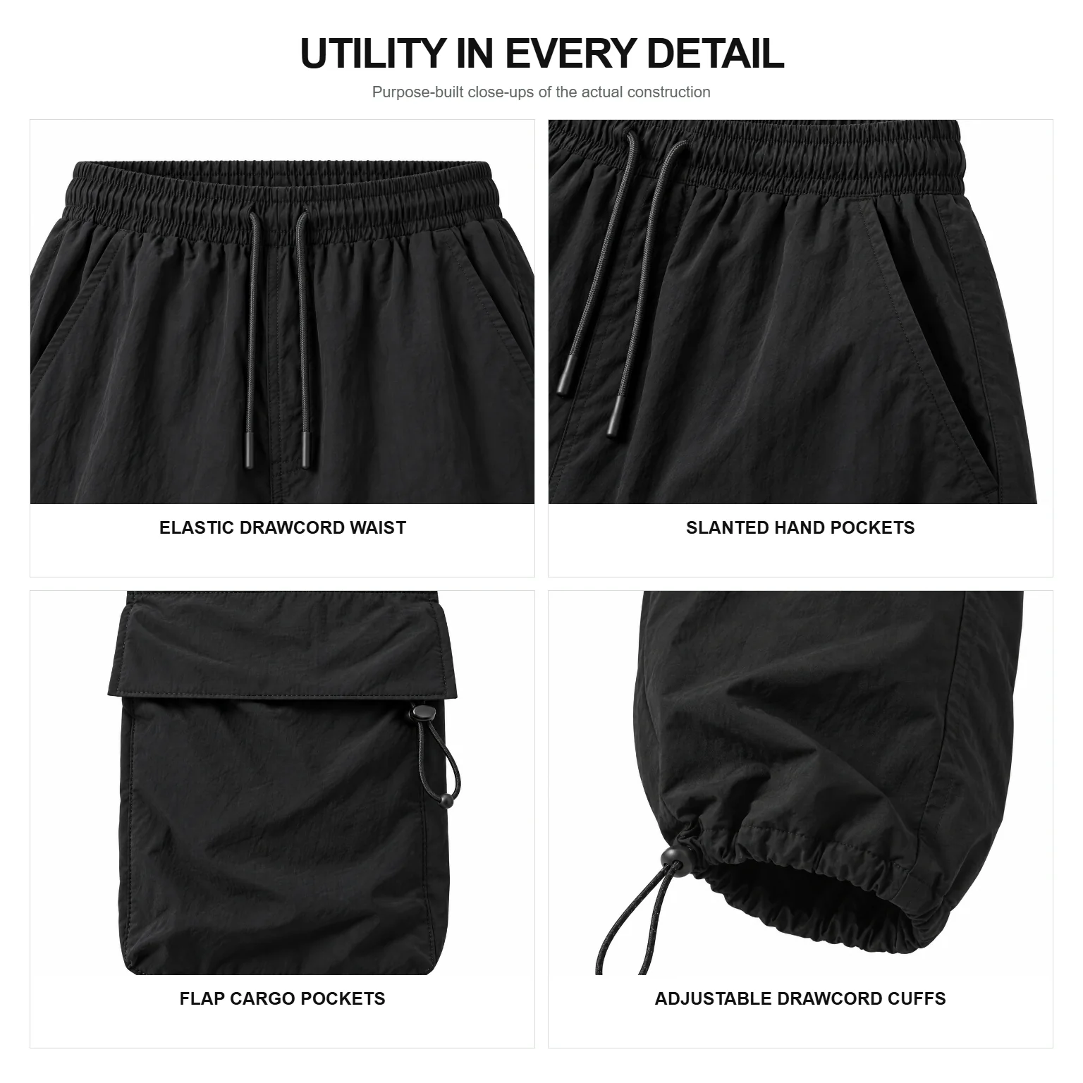 Cargo pants waist, hand pocket, cargo pocket, and adjustable cuff details