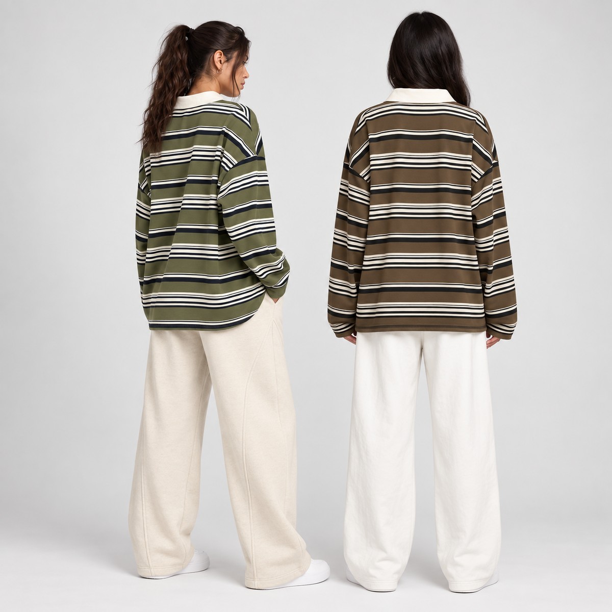 Women's green and brown striped collared tops side and back views