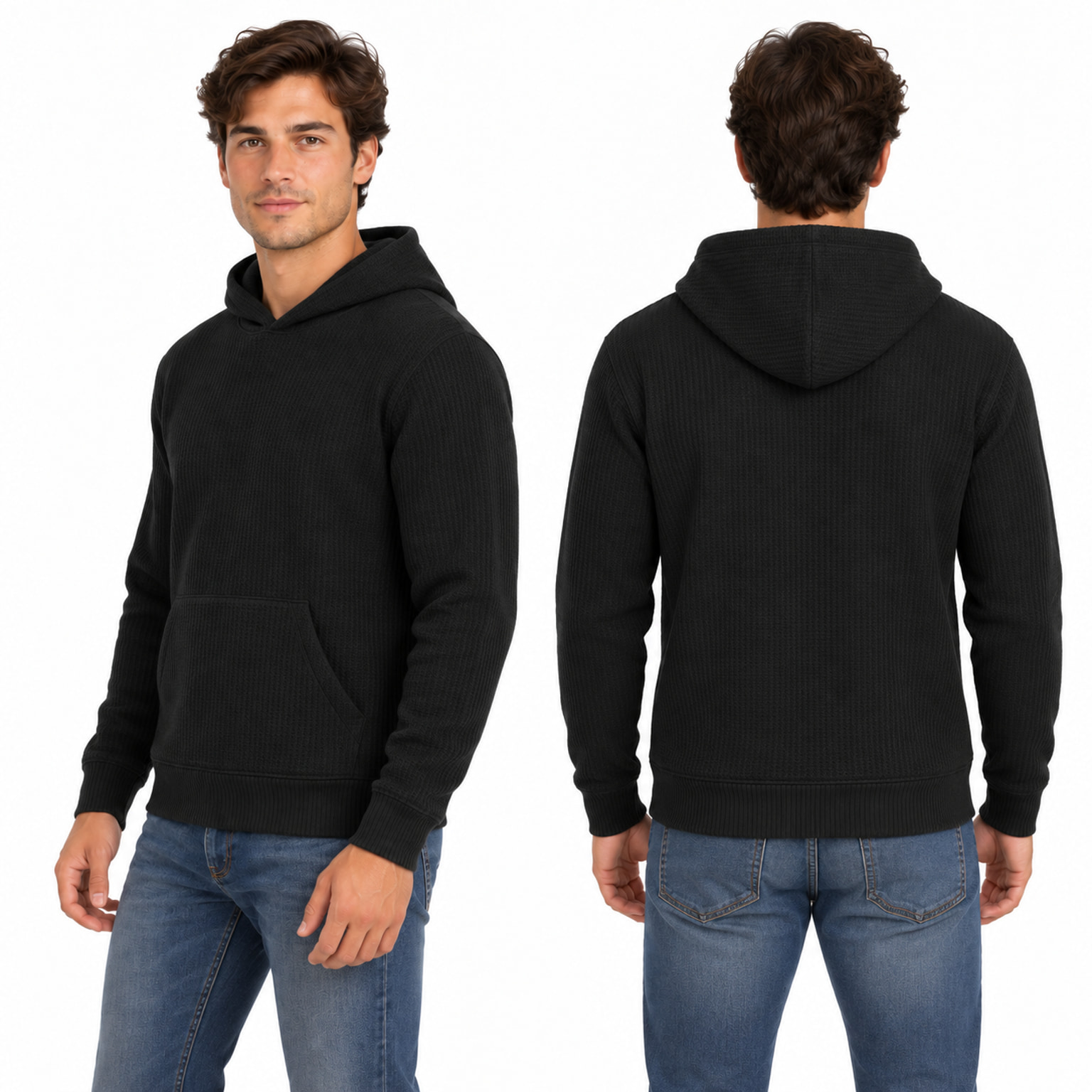 Black waffle-knit pullover hoodie side and back views on model