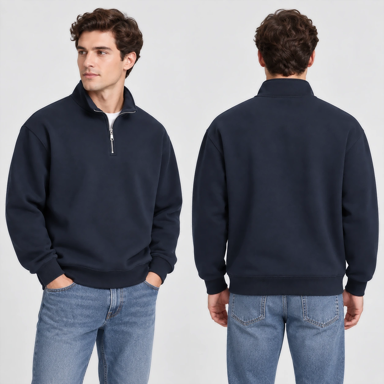 Men's black half-zip stand-collar sweatshirt side and back fit views