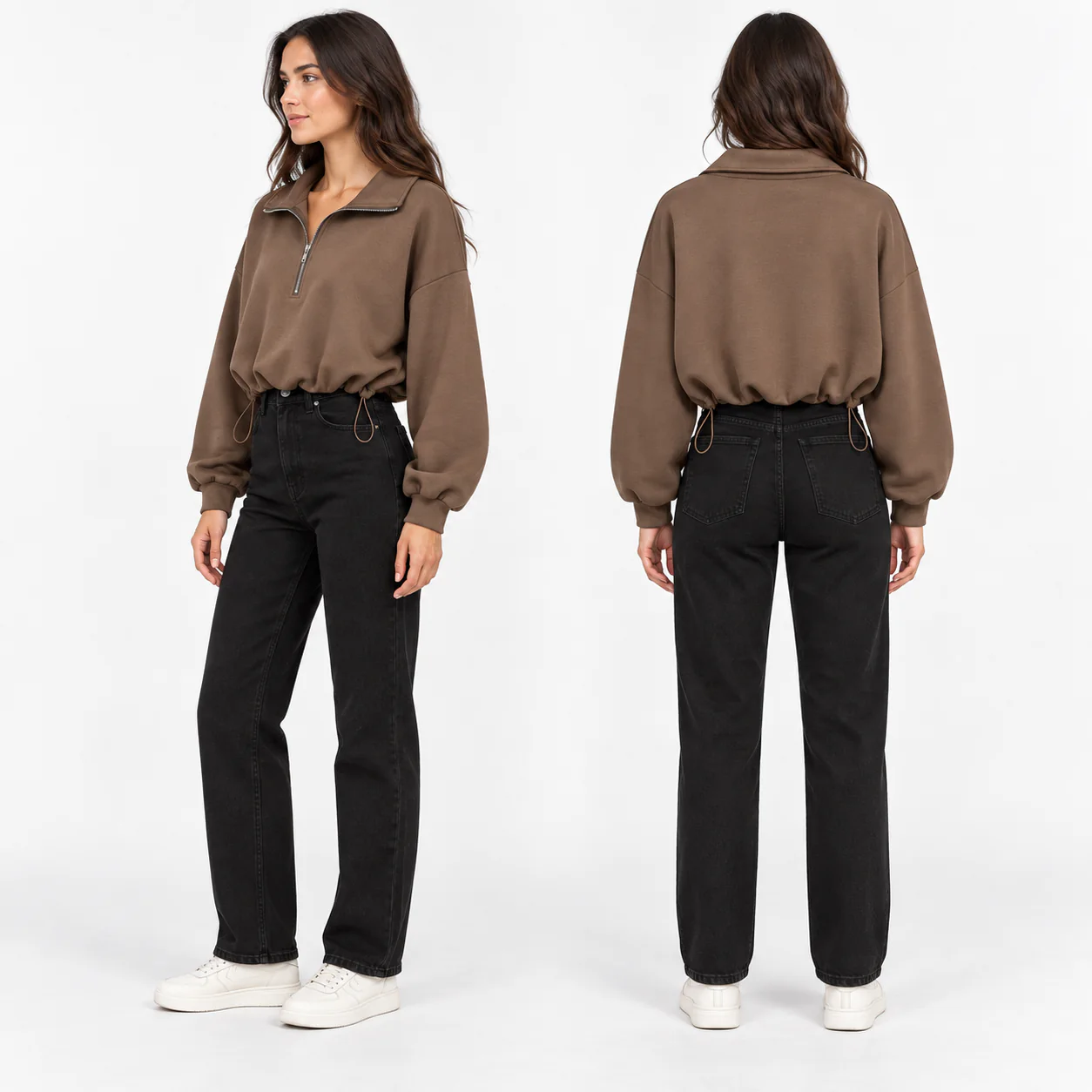 Women's fawn brown half-zip cropped sweatshirt side and back views