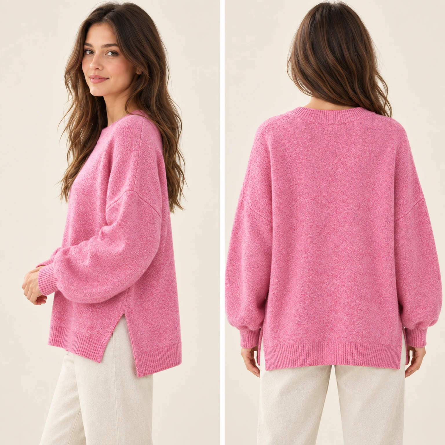 Same woman and pink sweater shown from side and back