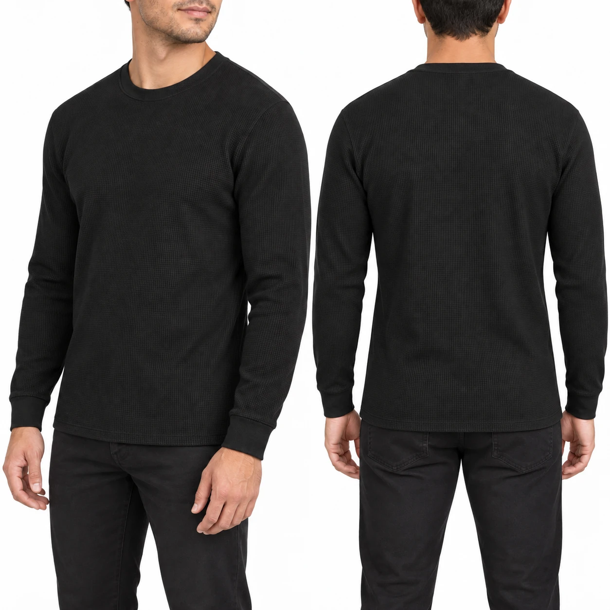 Men's black waffle-knit thermal side and back views