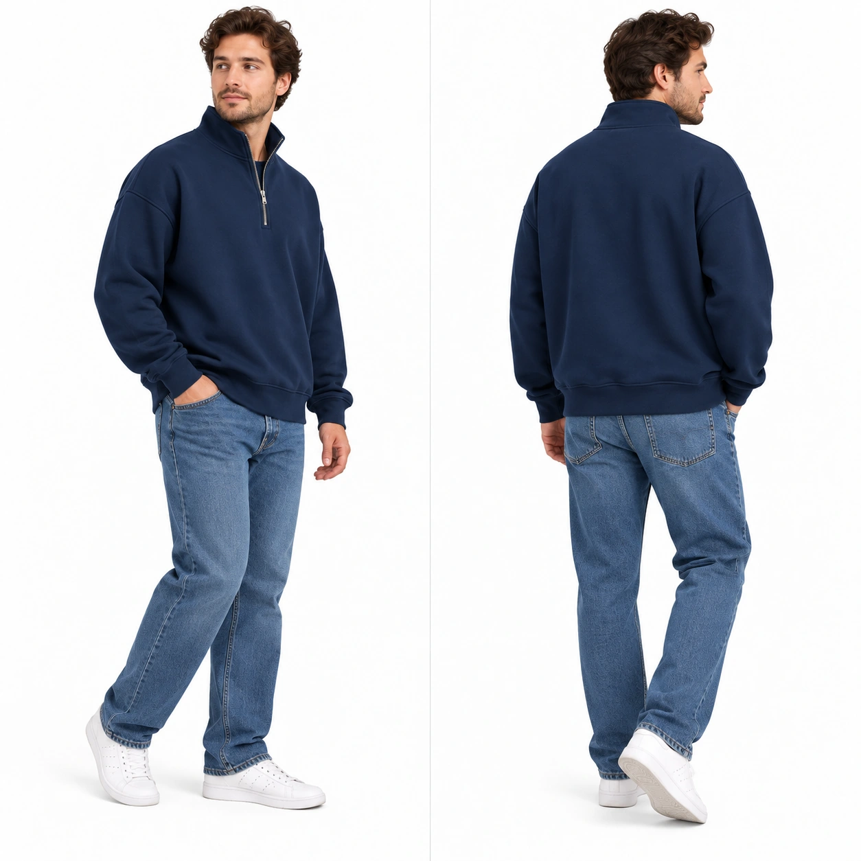 Unisex quarter-zip sweatshirt side and back views