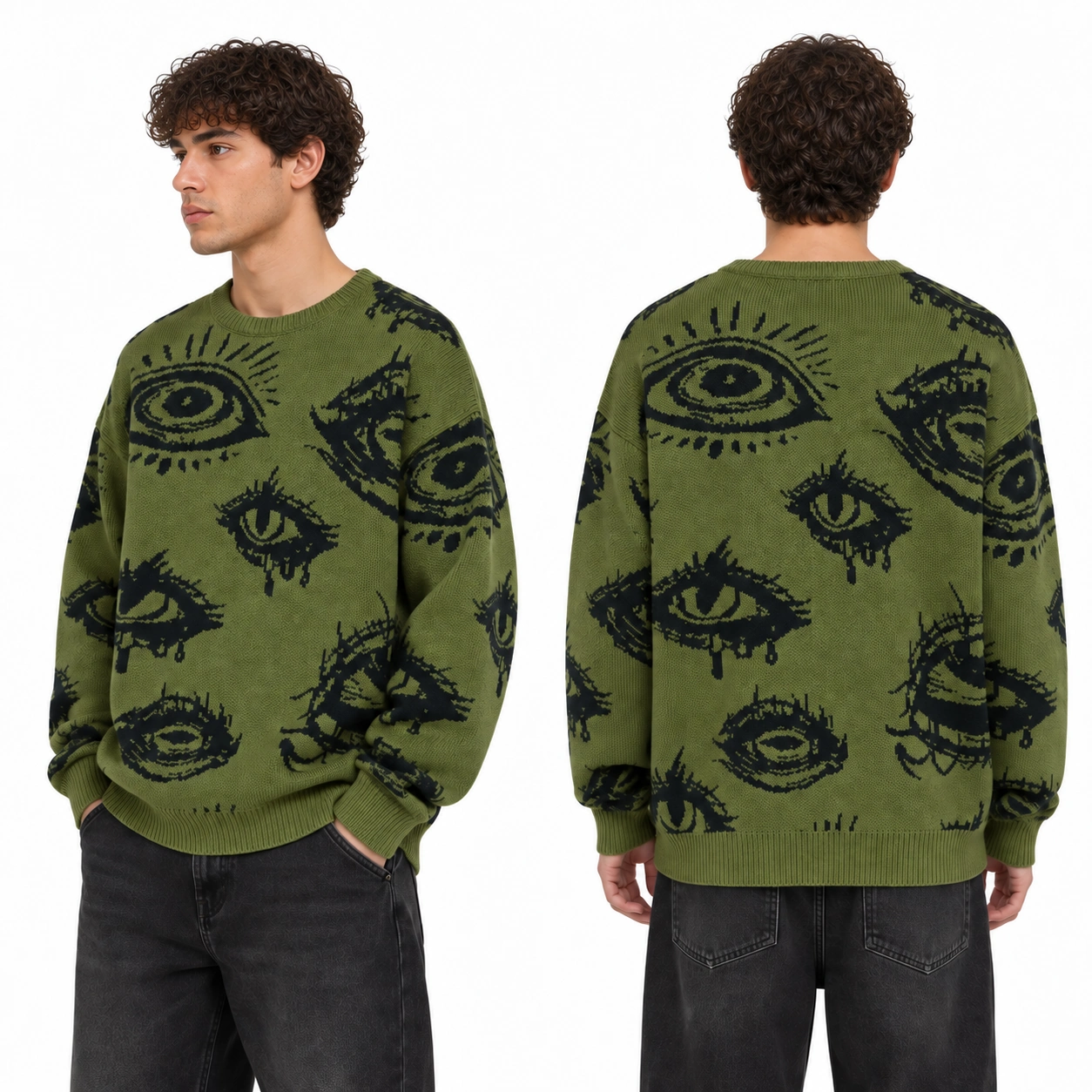 Green eye pattern knit pullover side and back fit views