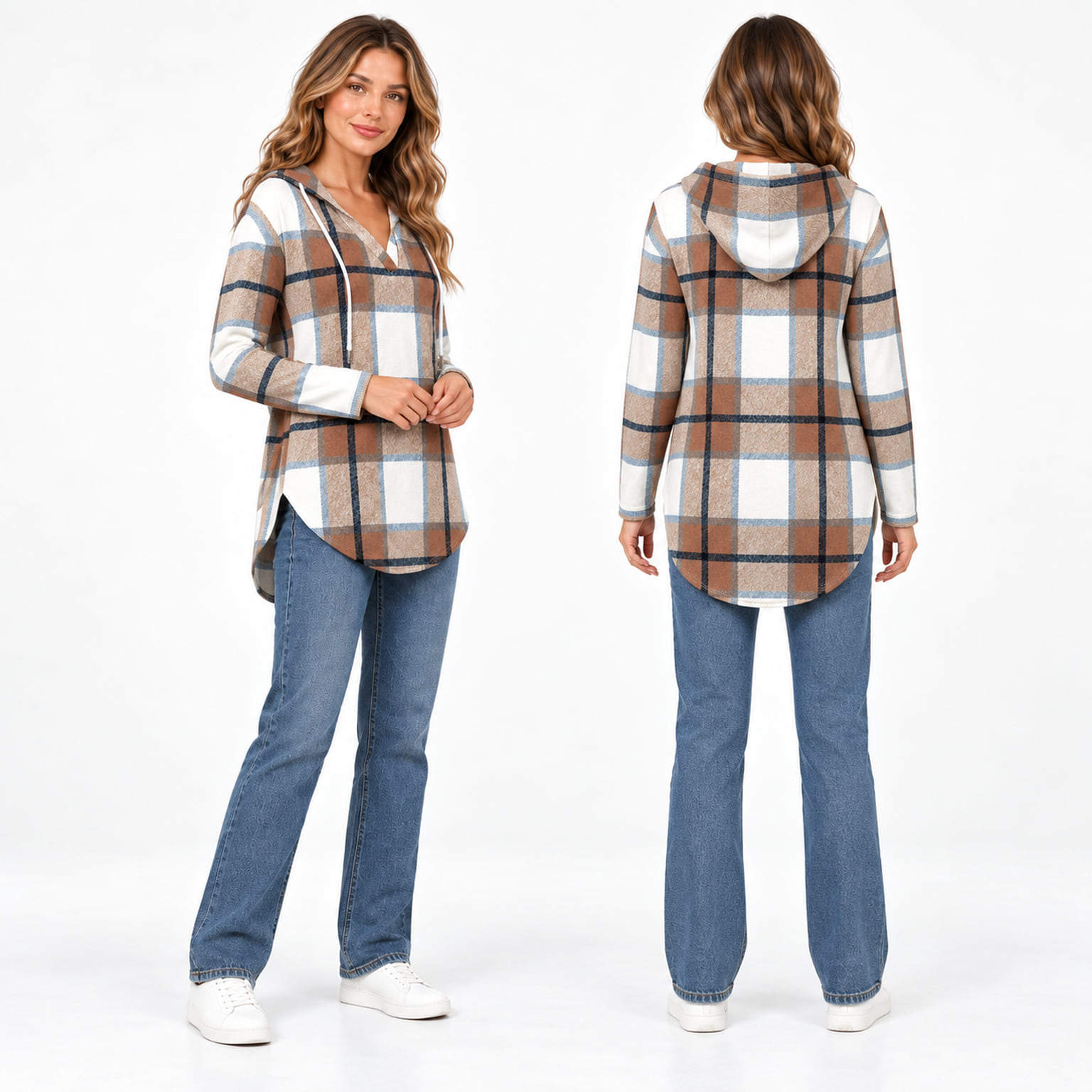 Side and back views of the Brown Plaid V-neck hooded tunic top on the same model