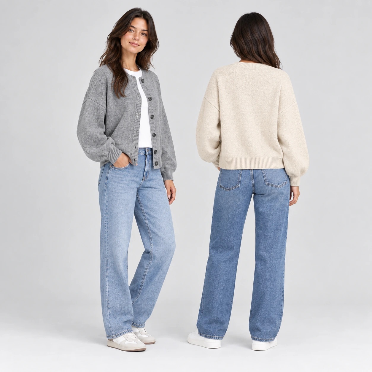 Woman wearing the same cardigan shown from the side and back