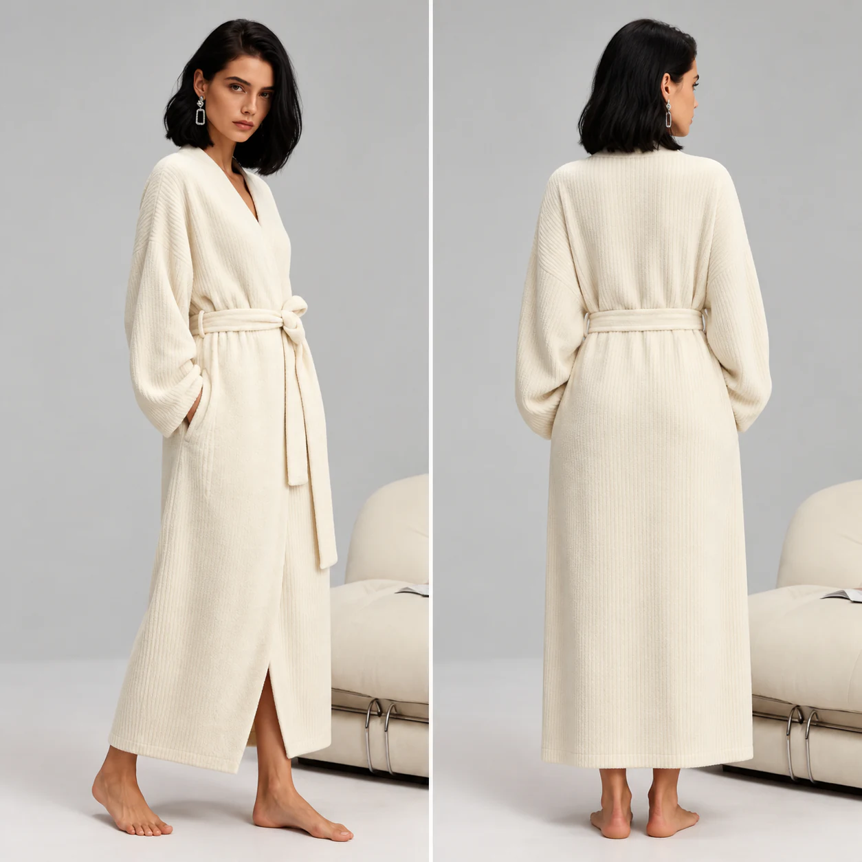 Women's cream long plush fleece robe side and back views