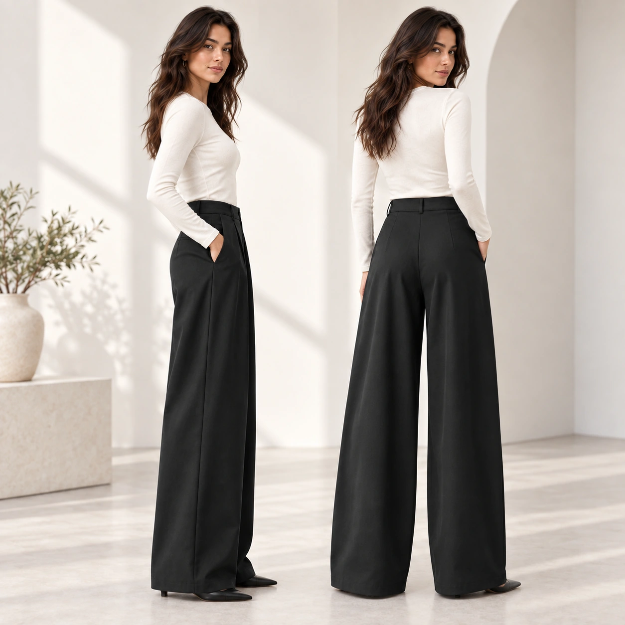 Women's black wide-leg pants side and back views