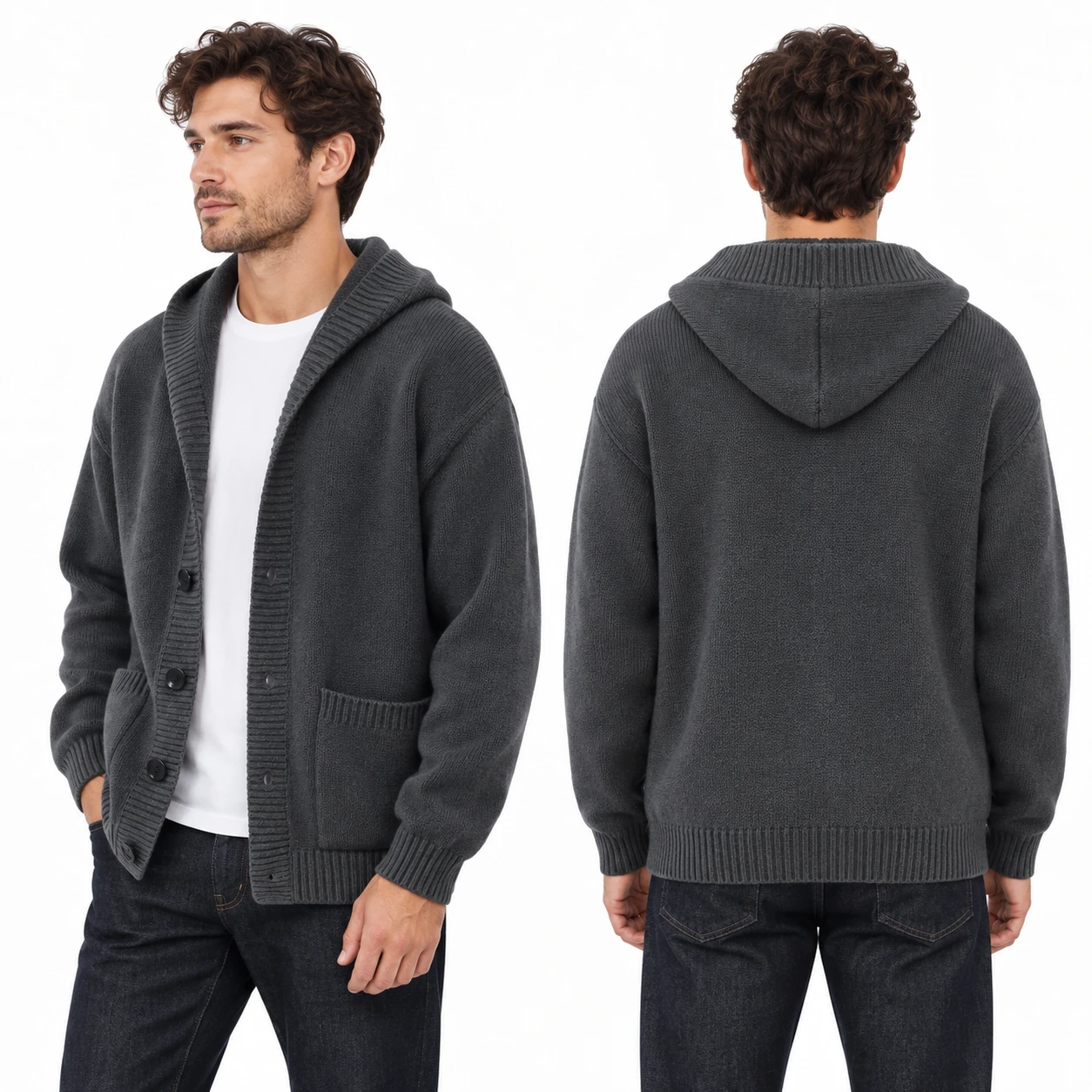 Men's button-front hooded knit cardigan side and back views
