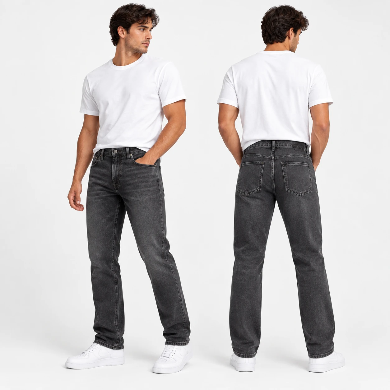 Men slim straight stretch jeans side and back fit views