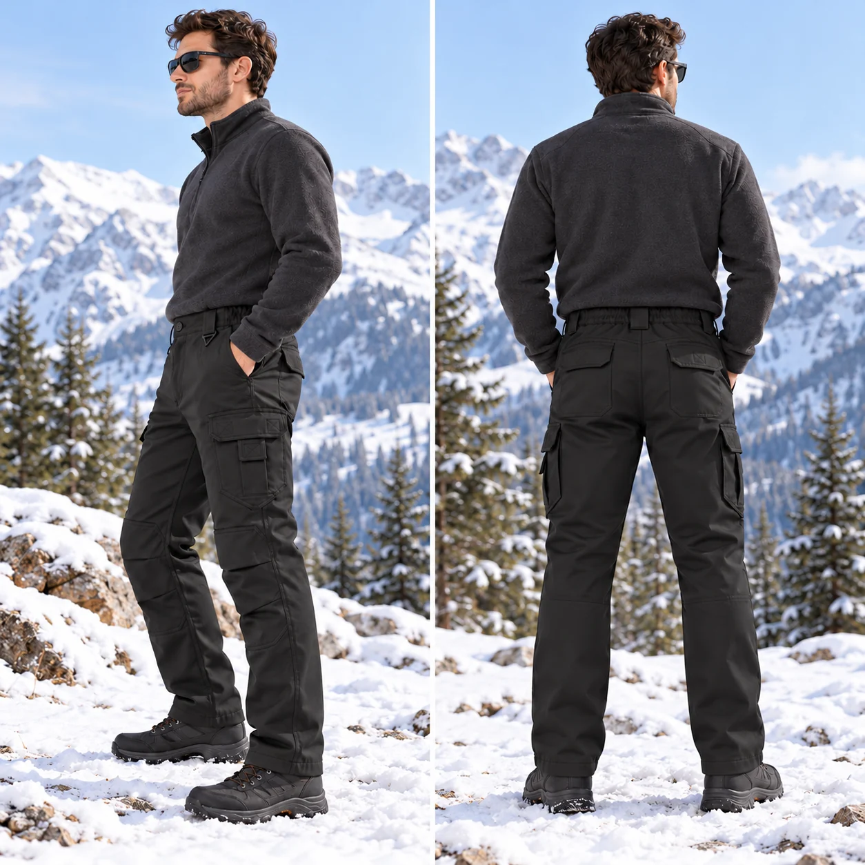 Side and back views of fleece-lined cargo pants