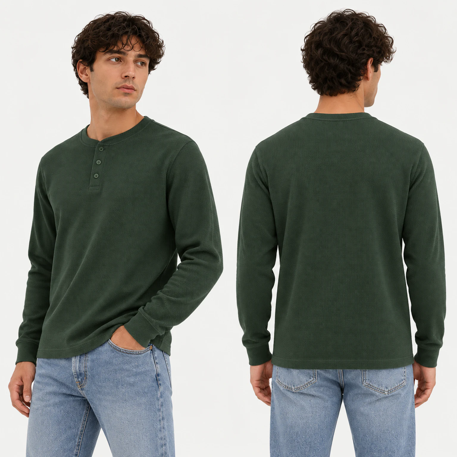 Men's waffle Henley side and back views