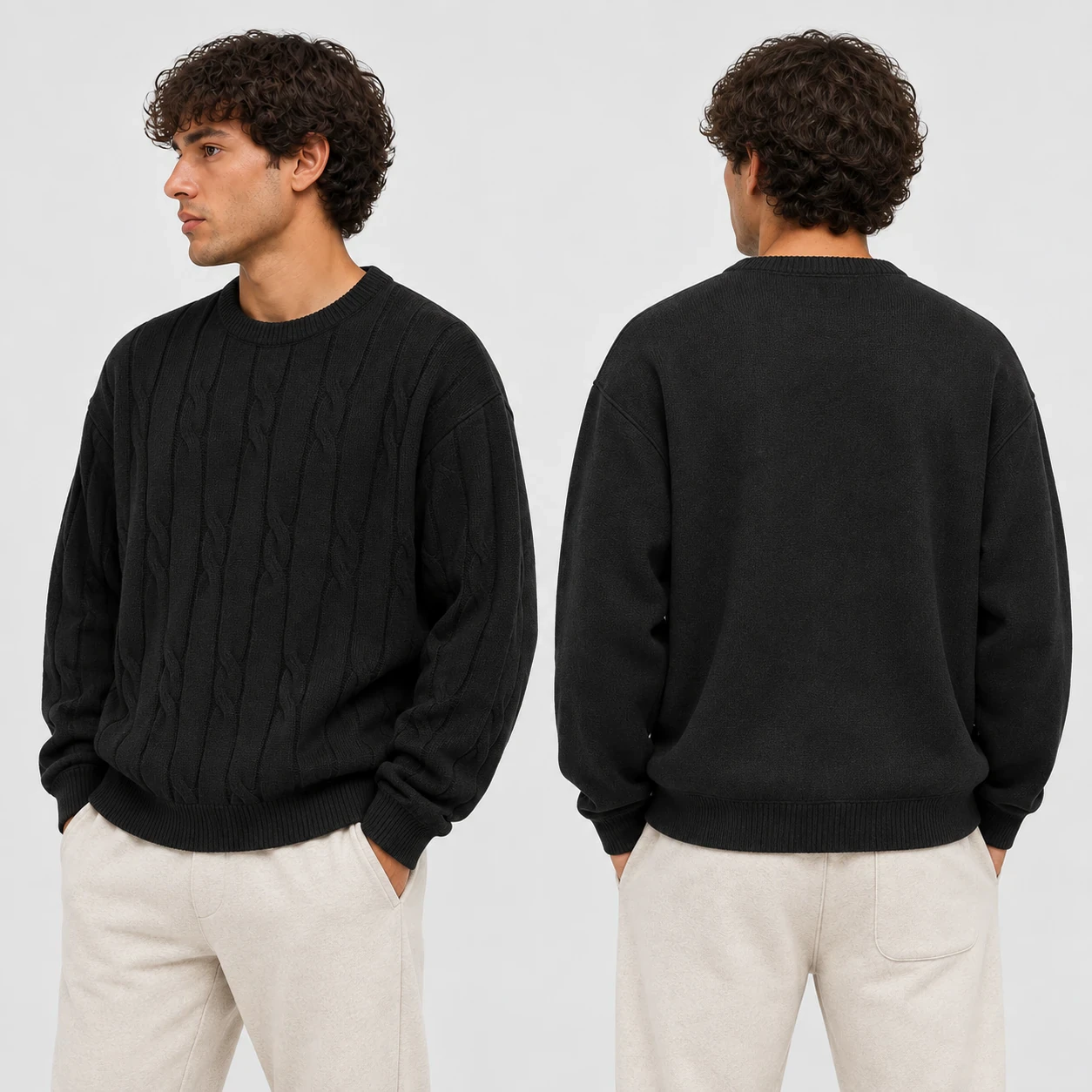 Men's cable-knit crewneck sweater side and back views