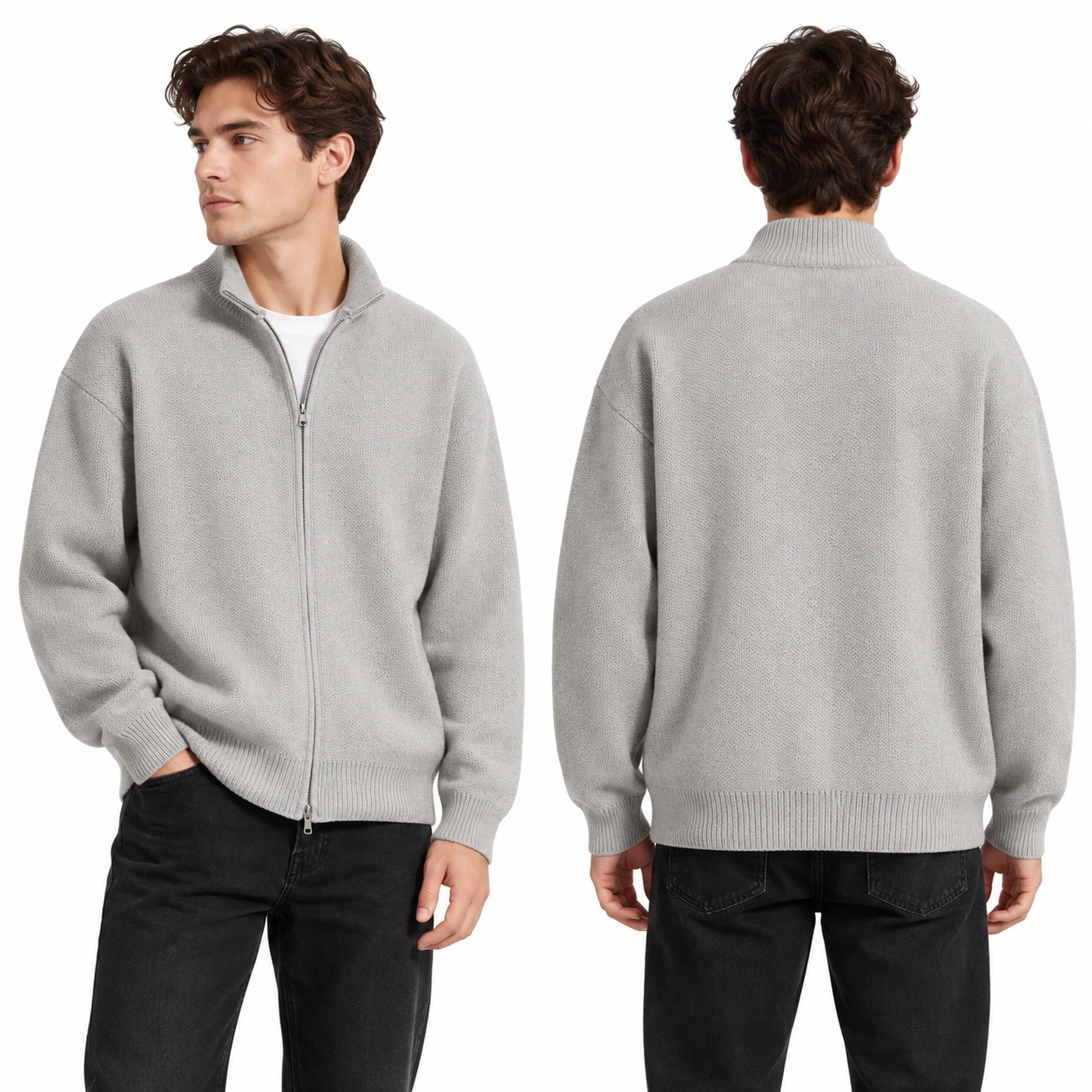 Men's light gray full-zip knit top side and back views